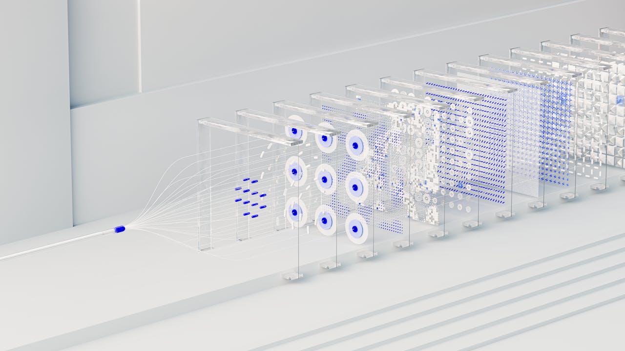 Visual abstraction of neural networks in AI technology, featuring data flow and algorithms.